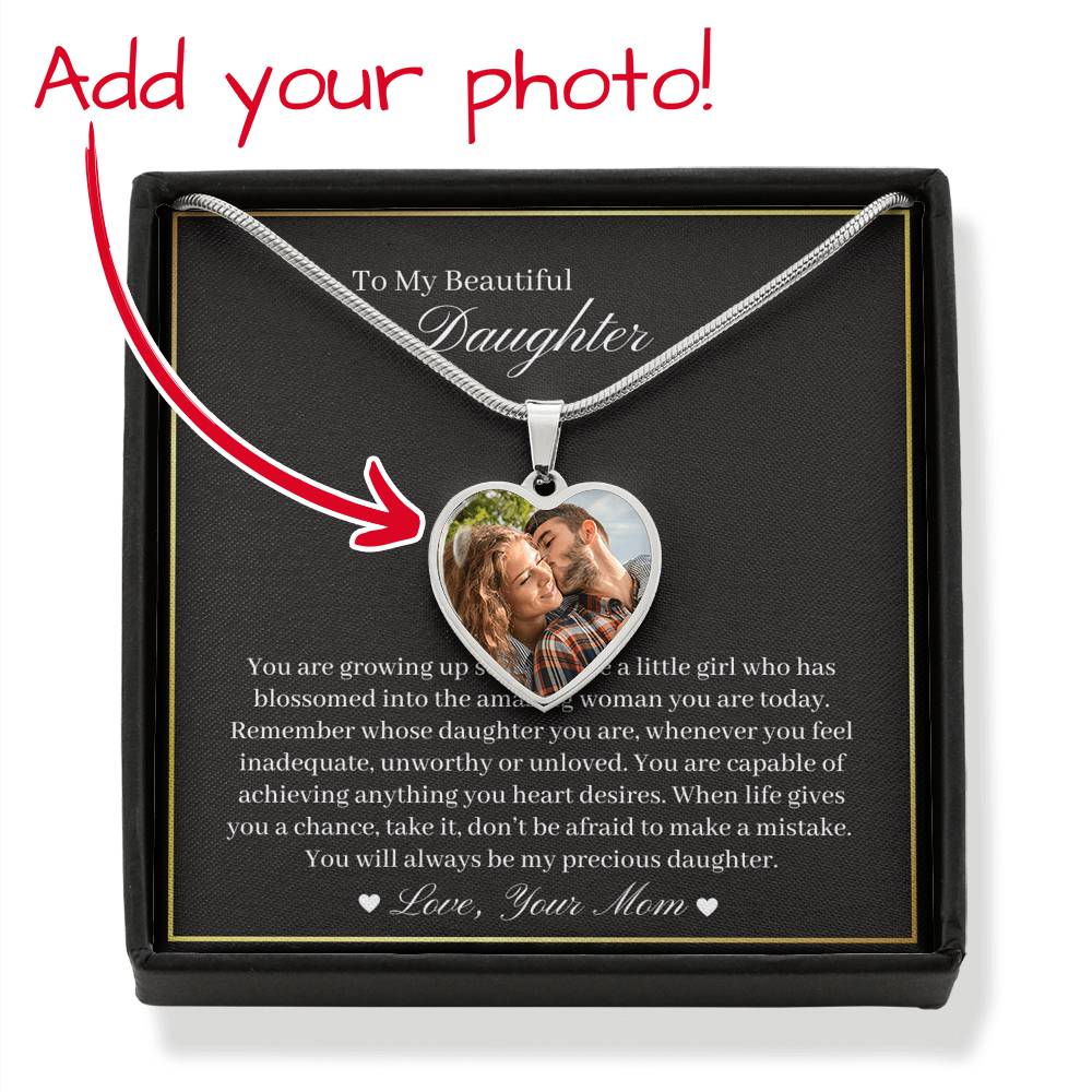To Beautiful Daughter Personalized Photo Upload Heart Necklace, Gift from Mother, Birthday Daughter Gift, Graduation Daughter Gift
