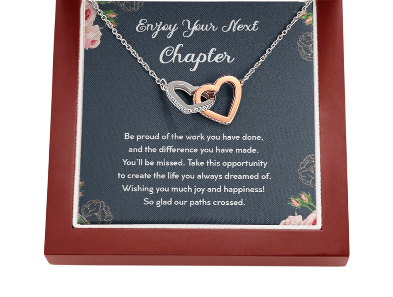 Enjoy Your Next Chapter Be Proud Of The Work You Have Done Interlocking Hearts Necklace | Farewell Gift for Coworker |  New Job Gift |  Fresh Start Gift for Coworker