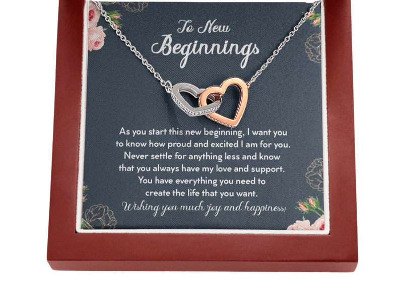 To New Beginnings Wishing You Much Joy and Happiness Interlocking Hearts Necklace | Farewell Gift for Coworker |  New Job Gift |  Fresh Start Gift for Coworker
