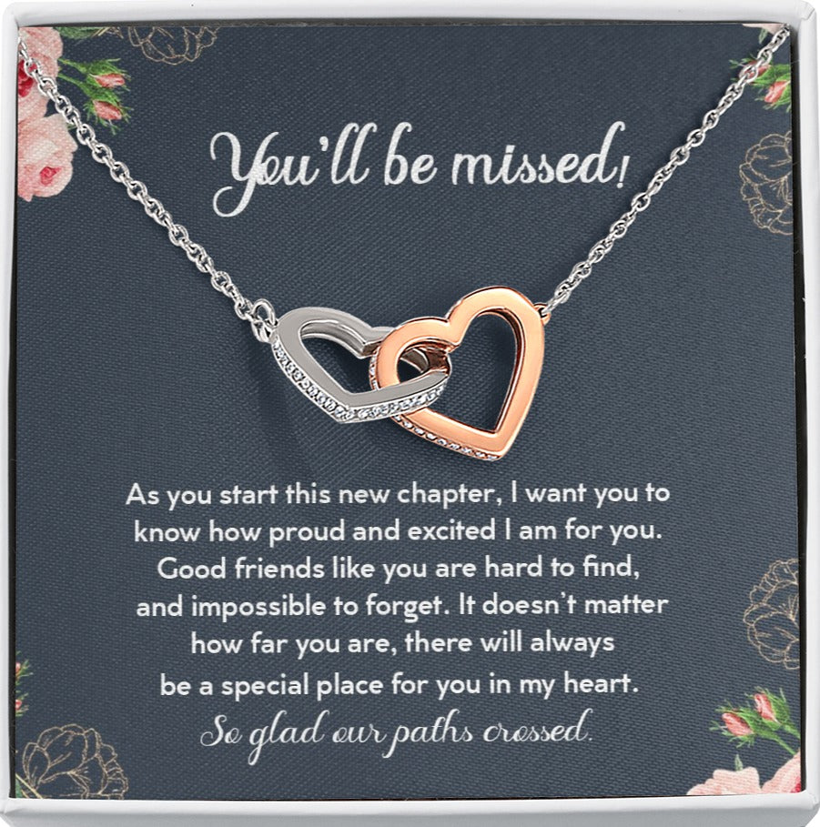 You'll Be Missed So Glad Our Paths Crossed Interlocking Hearts Necklace | Farewell Gift for Coworker |  New Job Gift |  Fresh Start Gift for Coworker