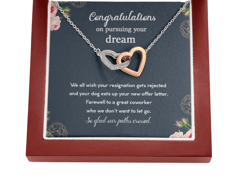 Congratulations On Pursuing Your Dream So Glad Farewell To A Great Coworker Interlocking Hearts Necklace | Farewell Gift for Coworker |  New Job Gift |  Fresh Start Gift for Coworker