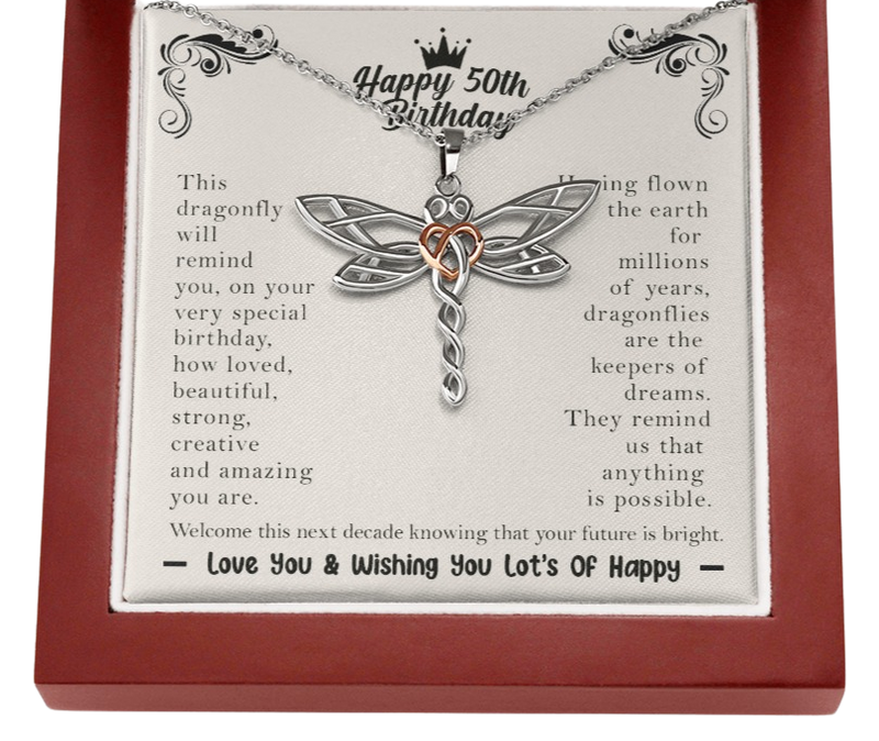 Happy 50th Birthday Dragonfly Necklace - Perfect gift for your best friend, daughter, sister, niece, cousin,  on her 50th birthday