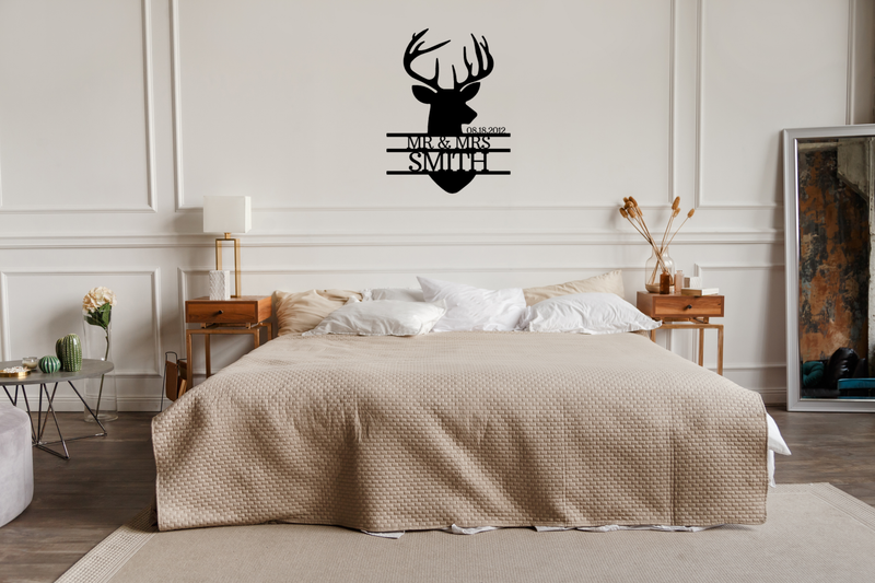 Personalized "Mr. and Mrs." Deer Head Metal Wall Sign: Porch- Hallway - Living Room- Bedroom: Housewarming, Wedding, Anniversary Gift