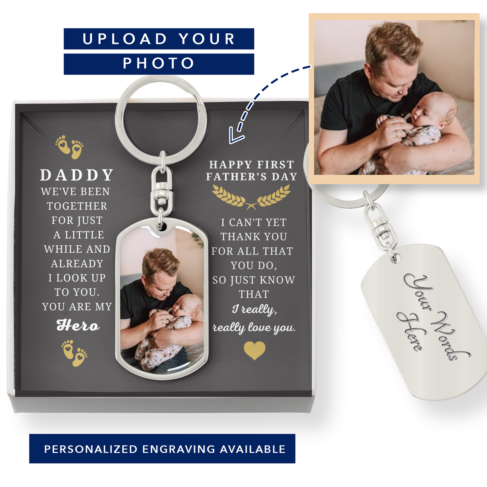 Personalized First Father's Day Photo Keychain Gift | Custom Daddy Keychain, I Love You Daddy Personalized Father's Day Gift, Double Sided Keychain With Engraving, New Dad Gift