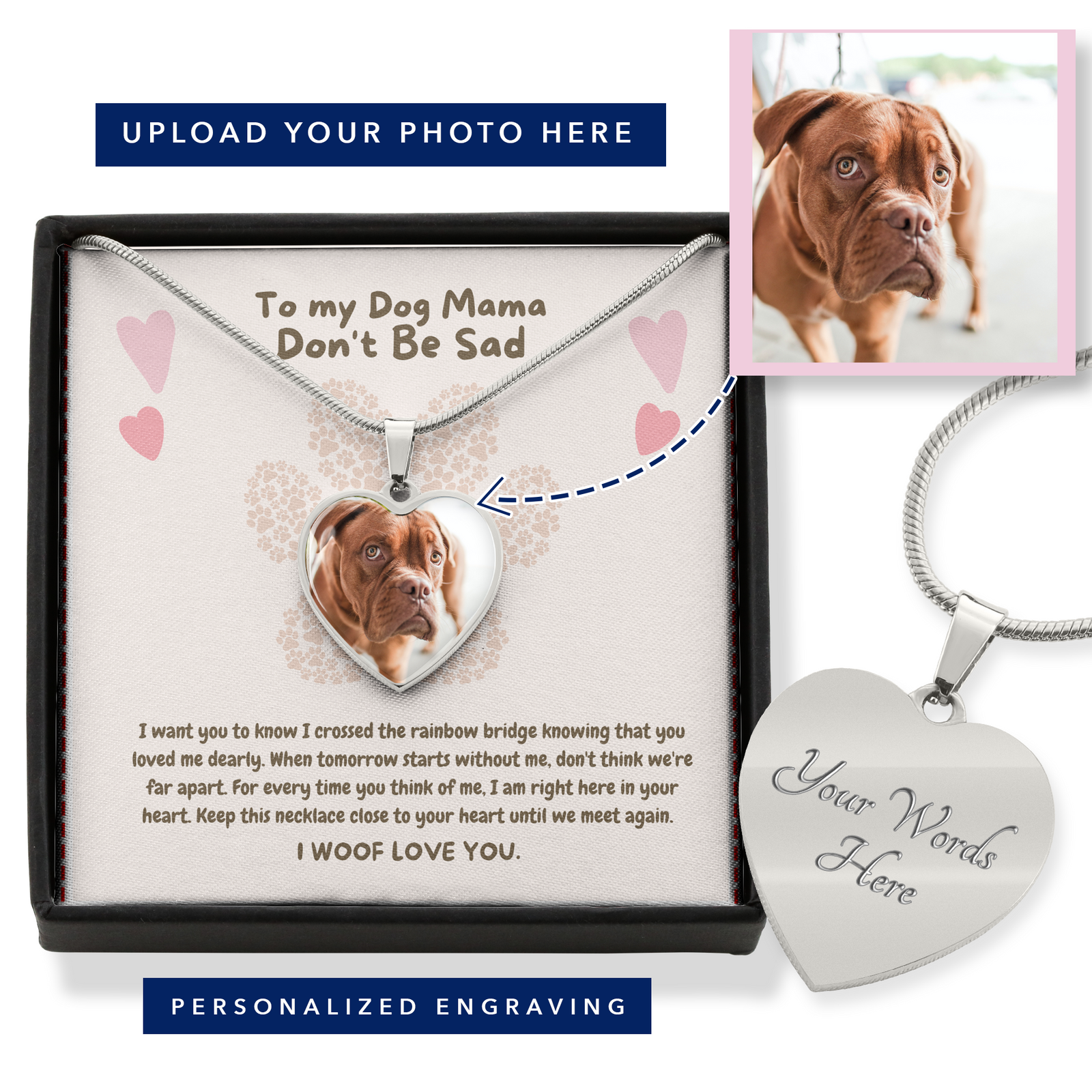 To My Dog Mama Dog Memorial Personalized Heart Necklace | Rainbow Bridge Pet Memorial Necklace | Pet Loss Gift | Dog keepsake remembrance | RIP dog